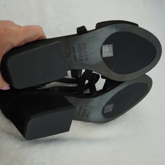 Eileen Fisher Kyra Black Suede Strappy Sandals 7.5 Leather Sole Block Heel Zip - Picture 7 of 11